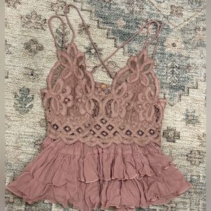 Free people Adella dusty mauve Lace Ruffle Cami strappy Top sz S